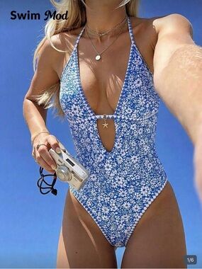 SHEIN Blue Floral Halter One-Piece Swimsuit